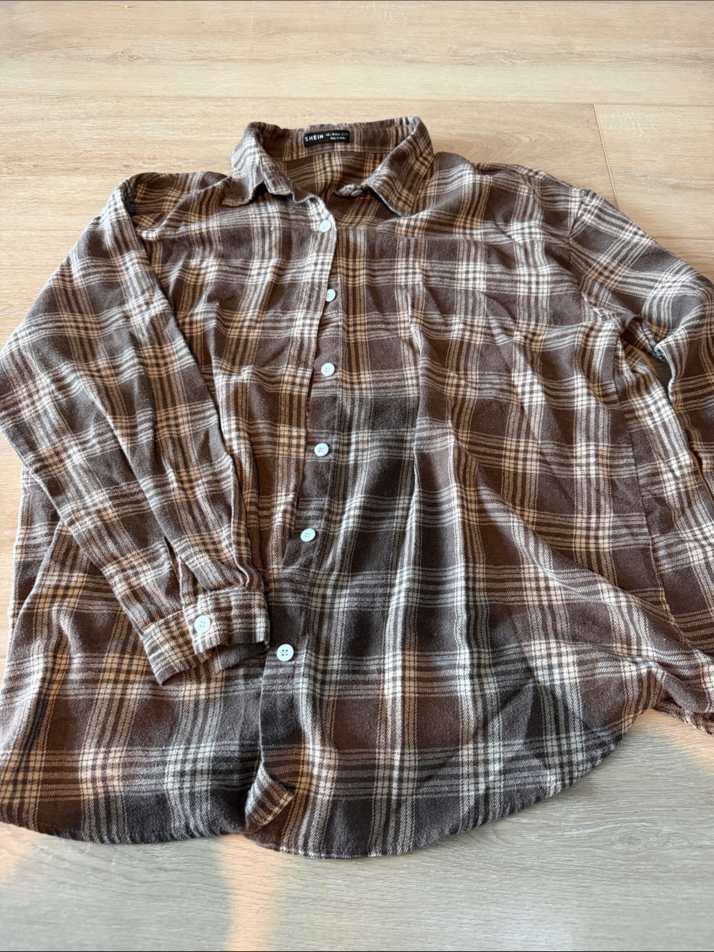 SHEIN Brown and Cream Plaid Button-Down Shirt